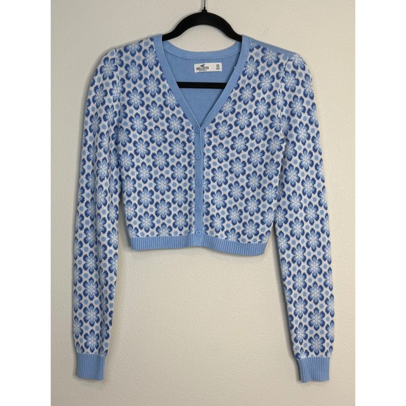 Hollister Sweaters - Hollister Blue Floral Cropped Cardigan Sweater Women XS V-Neck Button Front Y2K